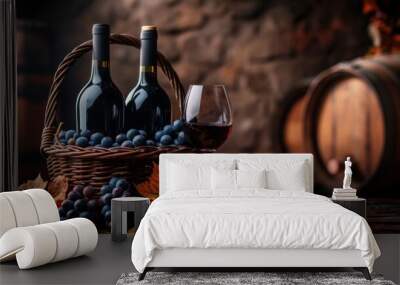 Fresh grape, grape wine bottle and glass in vintage wine cellar with wine barrels Wall mural