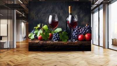 Fresh grape, grape wine bottle and glass Wall mural