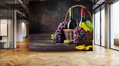 Fresh grape, grape wine bottle over texture background Wall mural