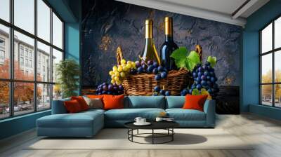 Fresh grape, grape wine bottle over texture background Wall mural