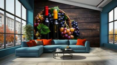 Fresh grape, grape wine bottle over texture background Wall mural