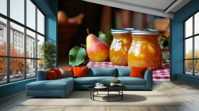 Fresh homemade pear jam in glass jar Wall mural