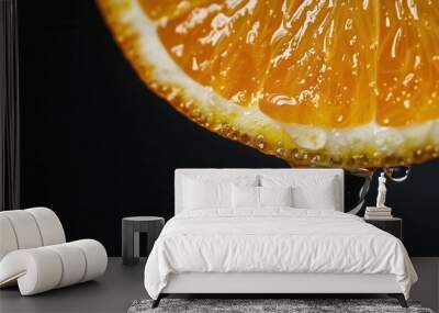 Fresh juicy orange fruit slice closeup macro view with texture and juice dripping Wall mural