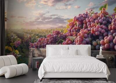 Fresh newly harvested grape in wooden crate in plantation farm Wall mural