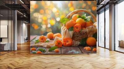 Fresh orange fruit on table with bokeh background Wall mural