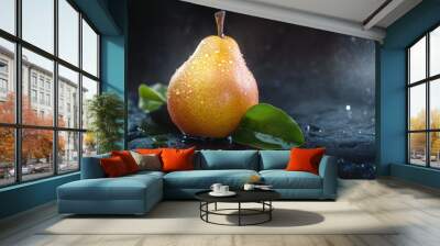 Fresh pear fruit and cut with dark background on table Wall mural