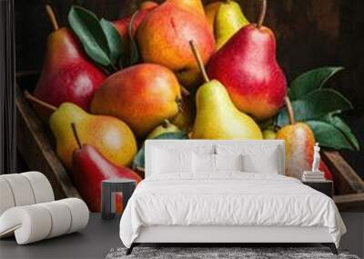 Fresh pear fruit in wooden crate Wall mural