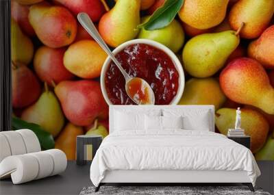 Fresh pear jam in cup with seamless background of fresh pear Wall mural