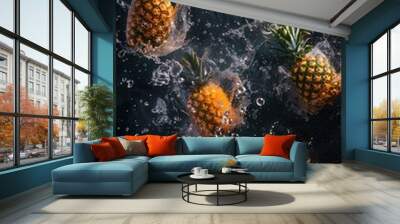 Fresh pineapple closeup view with water splashes Wall mural