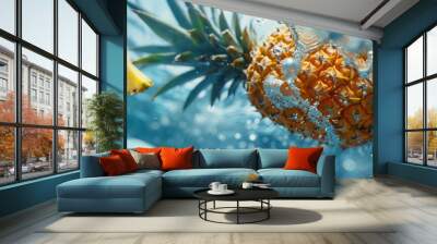 Fresh pineapple closeup view with water splashes Wall mural