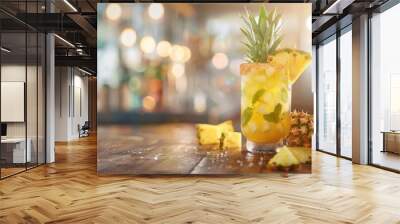 Fresh pineapple juice drink with fruit in a restaurant bar Wall mural