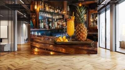 Fresh pineapple juice drink with fruit in a restaurant bar Wall mural