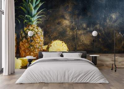 Fresh pineapple on table closeup Wall mural