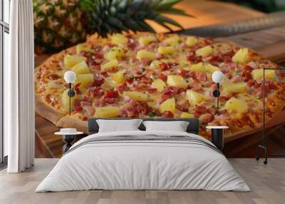 Fresh pineapple pizza closeup view Wall mural