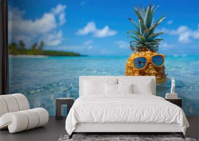 Fresh pineapple with sunglasses in sea water Wall mural