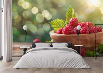 Fresh raspberry fruit in bowl closeup view Wall mural