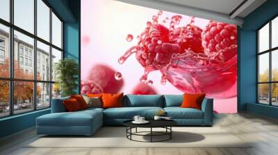 Fresh raspberry fruit with juice splash Wall mural