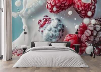 Fresh raspberry fruit with milk splash Wall mural