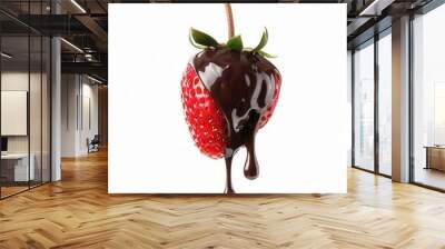 Fresh strawberry fruit with chocolate coating dripping down isolated over white background Wall mural