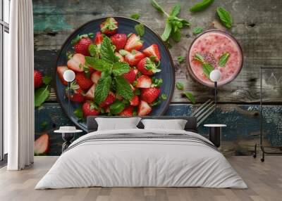 Fresh strawberry fruit with glass of juice on table Wall mural