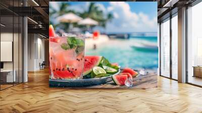 Fresh sweet ripe watermelon on table in tropical vacation resort Wall mural