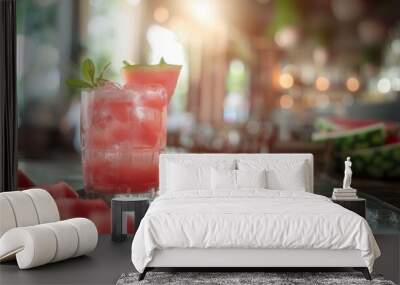 Fresh sweet ripe watermelon slices with a glass of juice on table Wall mural