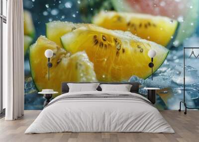 Fresh sweet ripe yellow watermelon slices closeup view Wall mural