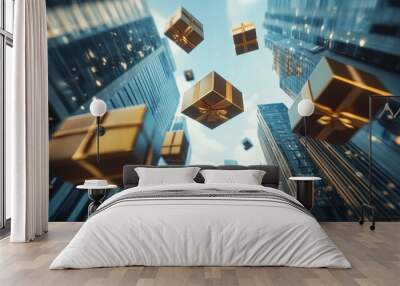 Gift box falling down from sky in large city with skyscrapers. Wall mural