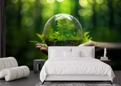 Green plants and light bulb. Concept for green renewable energy. Wall mural