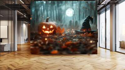 Halloween holiday carved pumpkin wearing witch hat closeup view Wall mural