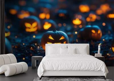 Halloween holiday carved pumpkins background closeup view Wall mural