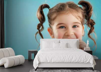 Happy child using dental floss to clean teeth Wall mural