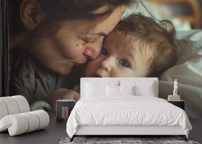 Happy mom with smiling cute baby in bed. Wall mural