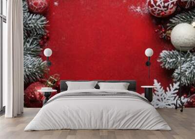 Holiday frame background template with cute snowman, decoration ornaments. Winter holiday theme. Wall mural