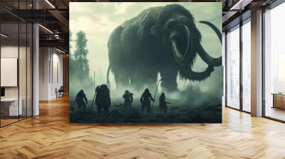 Hunting scene of a team of primitive cavemen attacking a giant mammoth in wild field. Wall mural