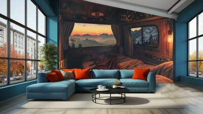 Interior view from a camper van of outside beautiful view of sunrise Wall mural