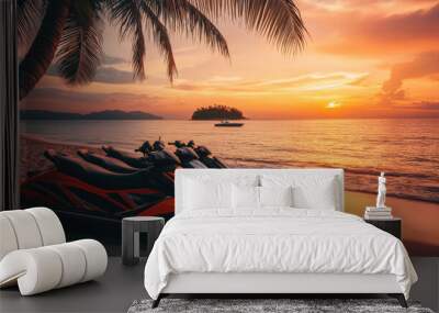 Jetski park at sandy sea beach with coconut tree. Summer tropical sports. Wall mural