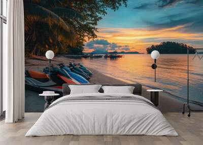 Jetski park at sandy sea beach with coconut tree. Summer tropical sports. Wall mural