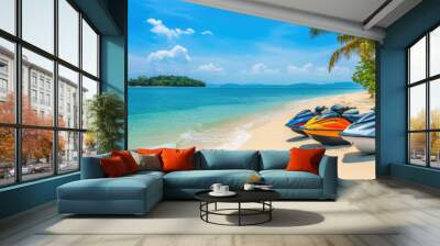 Jetski park at sandy sea beach with coconut tree. Summer tropical sports. Wall mural