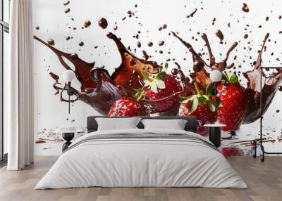 Juicy ripe strawberry fruit with chocolate splash Wall mural