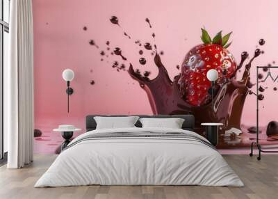 Juicy ripe strawberry fruit with chocolate splash Wall mural