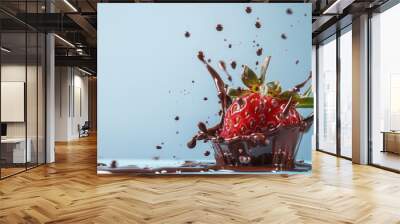 Juicy ripe strawberry fruit with chocolate splash Wall mural