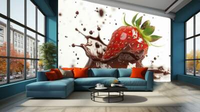 Juicy ripe strawberry fruit with chocolate splash Wall mural