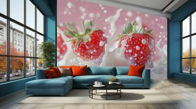 Juicy ripe strawberry fruit with milk splash Wall mural