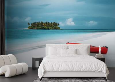 Kayak boat in tropical beach with island in sea Wall mural