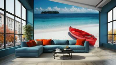 Kayak boat in tropical beach with island in sea Wall mural