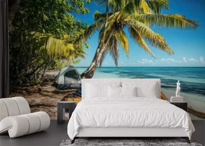 Kayak boat in tropical beach with tent coconut tree Wall mural