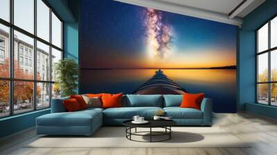 Kayak boat in tropical sea water with milky way and starring night sky Wall mural