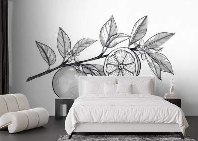 Line art drawing of orange fruit plant leaf. Monochrome Wall mural