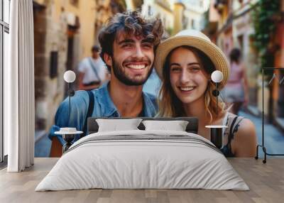 Lovely couple holding ice cream and laughing Wall mural